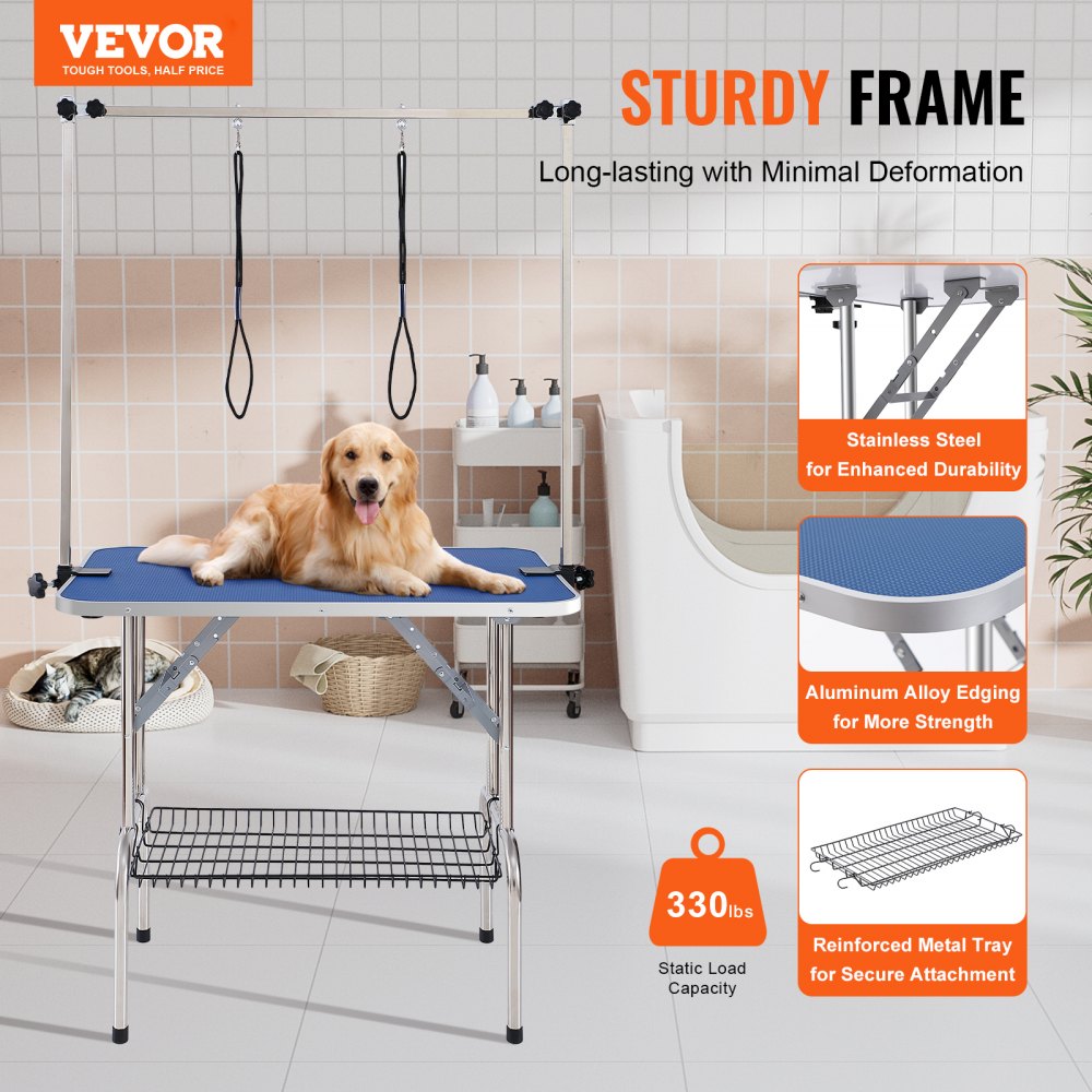 Bostome foldable pet grooming table with dual arms, clamp, and waterproof blue tabletop.