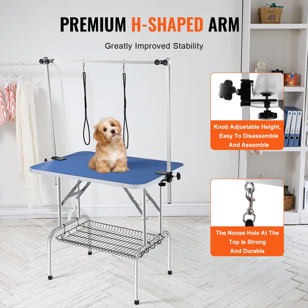 Bostome 36"x24" foldable pet grooming table with dual arms and clamp in blue finish.