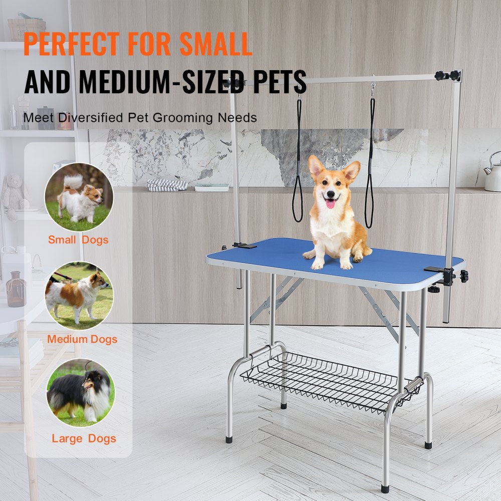Bostome 36"x24" foldable pet grooming table with dual arms and clamp in blue finish.