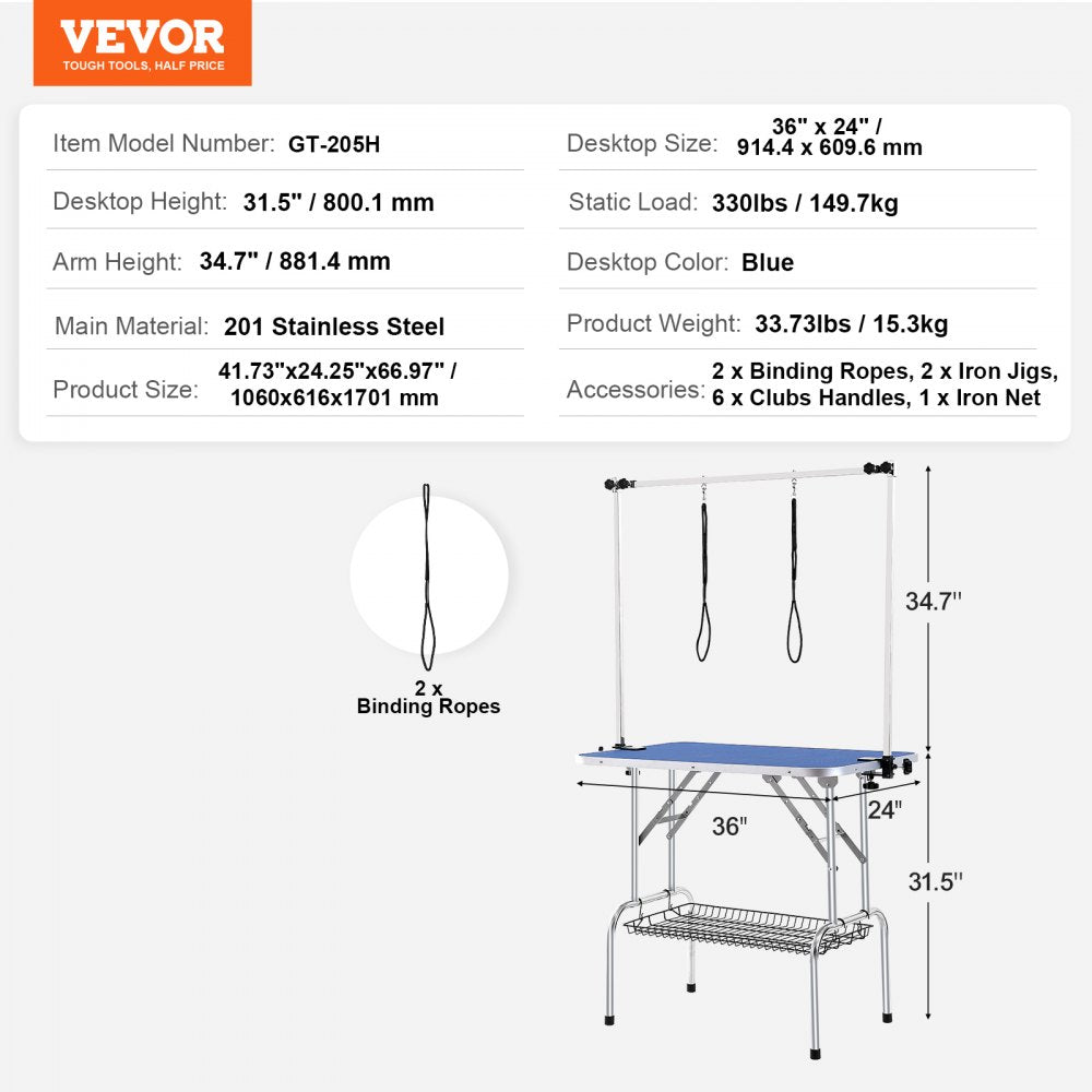Foldable pet grooming table with dual arms, clamp, and waterproof blue tabletop.