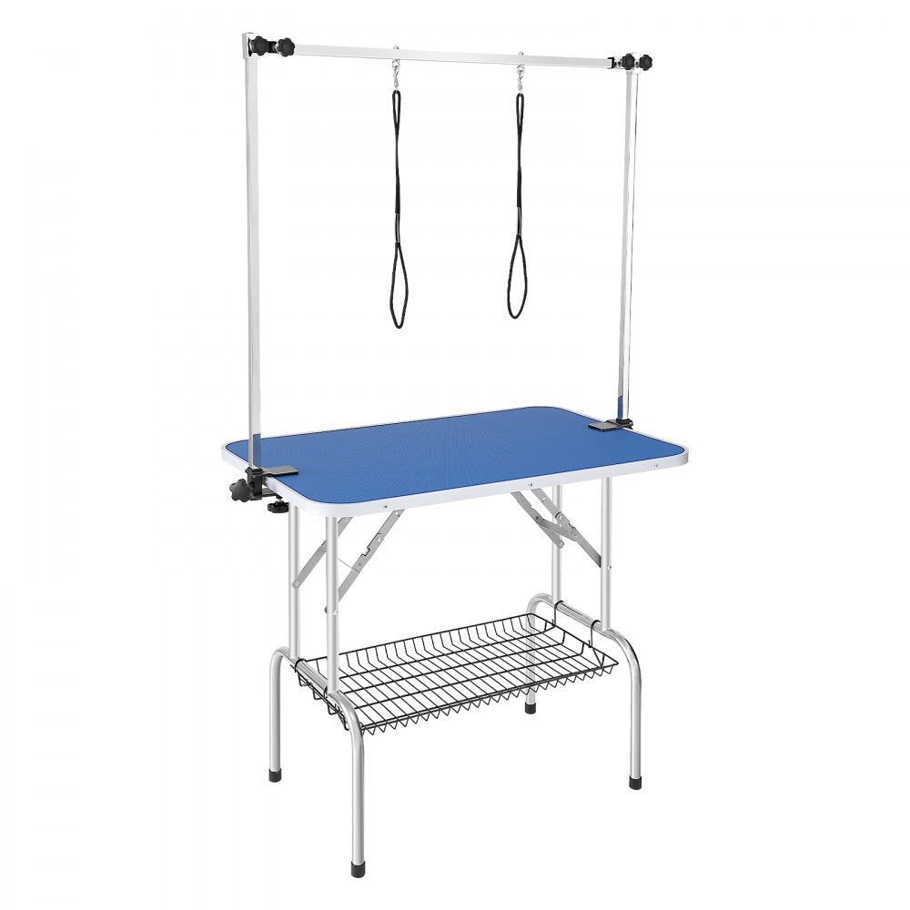Bostome foldable pet grooming table with dual arms, clamp, and waterproof blue tabletop.