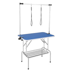Bostome foldable pet grooming table with dual arms, clamp, and waterproof blue tabletop.