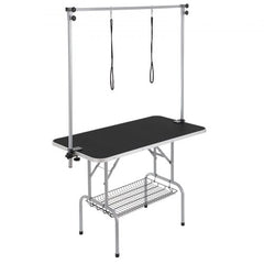 A 46-inch foldable pet grooming table in black with silver frame, two adjustable arms, and under-table shelf.