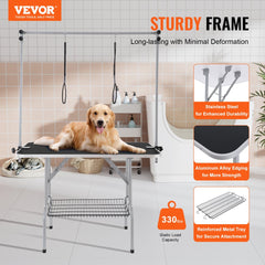A 46-inch foldable pet grooming table with stainless steel frame, two adjustable arms, non-slip top, and 330-pound capacity.