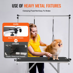 Comparison of Bostome 46" foldable pet grooming table with heavy metal fixtures and stable clamping versus a flimsy unstable alternative, showing a woman grooming a Pomeranian.