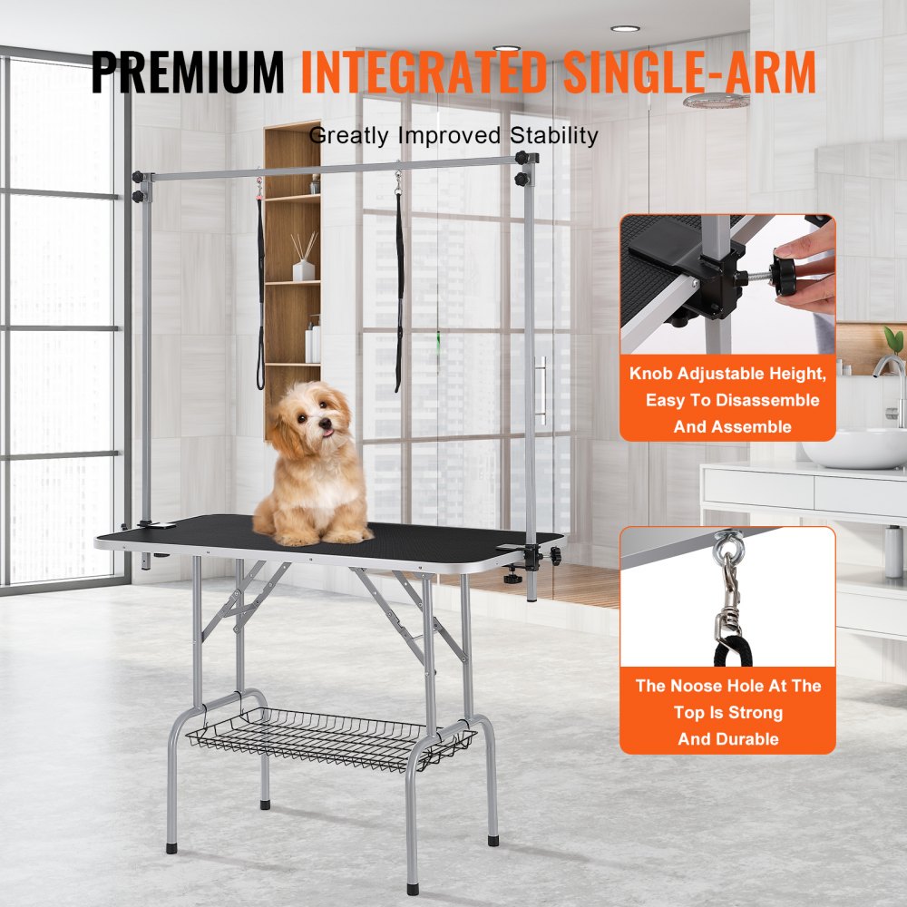 A 46-inch foldable pet grooming table with two adjustable arms, a non-slip top, and a small dog on it.