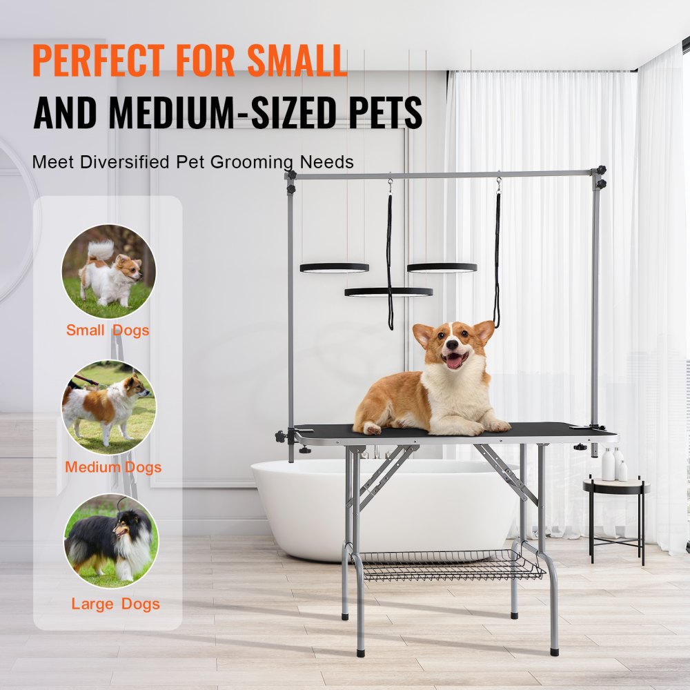 46-inch foldable pet grooming table with two adjustable arms, suitable for small to large dogs.