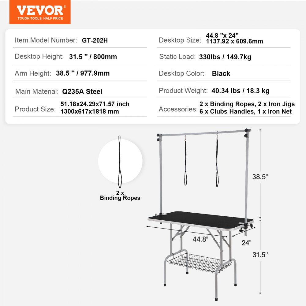 46-inch foldable pet grooming table with two adjustable arms and 330-pound capacity.