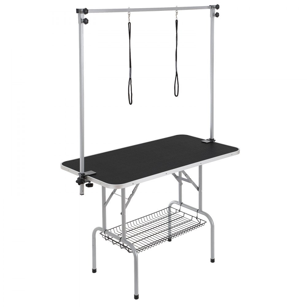 A 46-inch foldable pet grooming table in black with silver frame, dual adjustable arms, and under-table shelf.