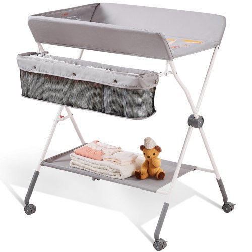 Folding baby changing table with adjustable height, wheels, and raised edges for safety.