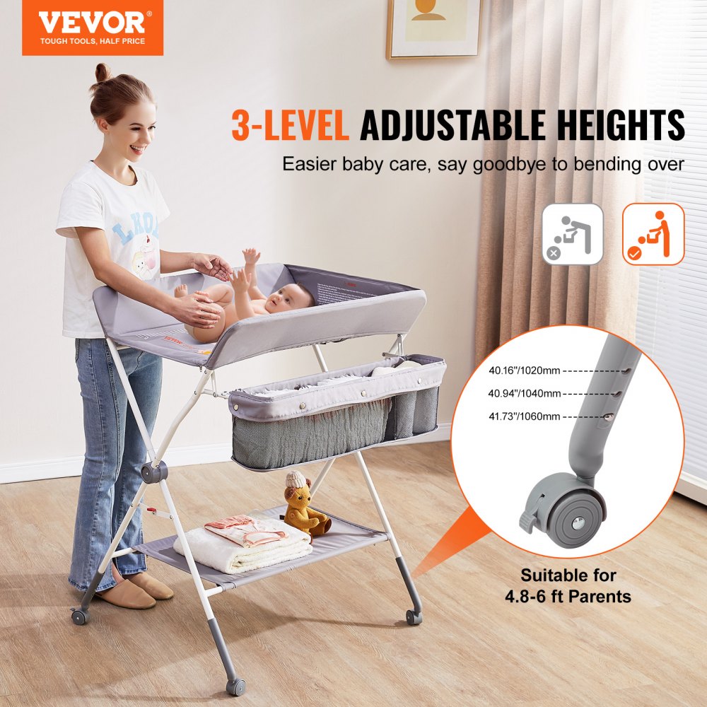 Folding baby changing table with adjustable height, wheels, and spacious storage for essentials.