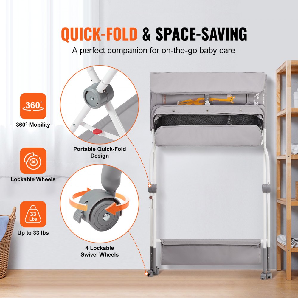 Folding baby changing table with adjustable height, wheels, and spacious storage for essentials.