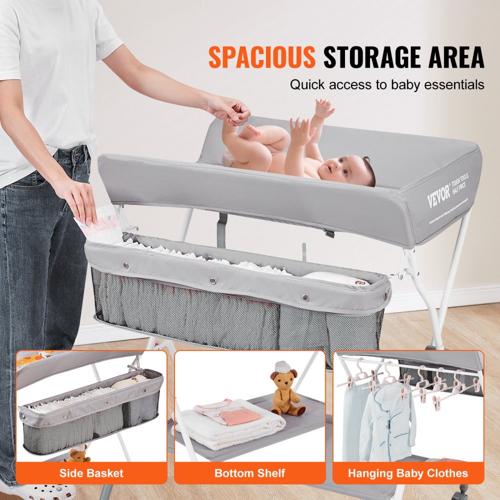 Folding baby changing table with adjustable height, wheels, and raised edges for safety.