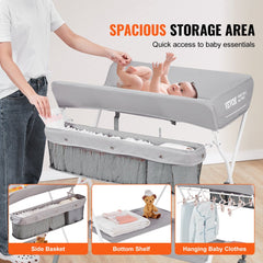 Folding baby changing table with adjustable height, wheels, and raised edges for safety.