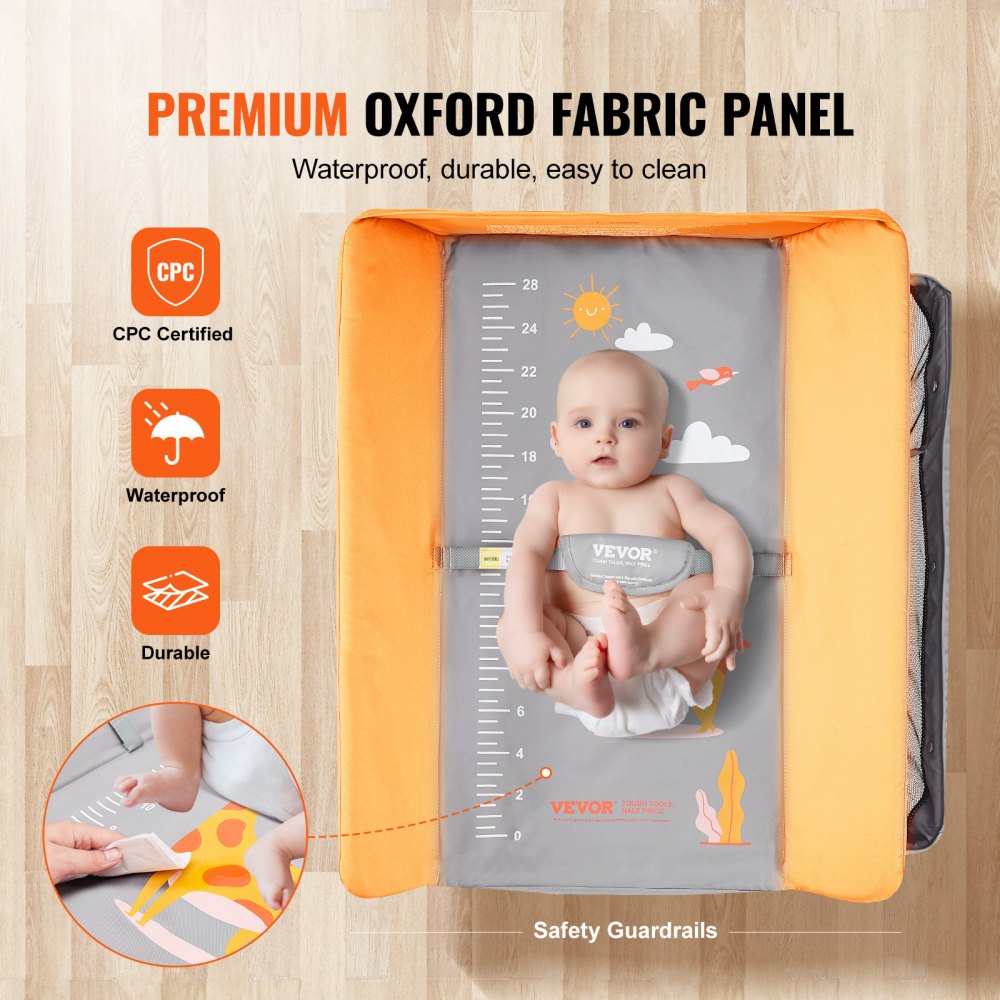 Folding baby changing table with adjustable height, wheels, and spacious storage for essentials.