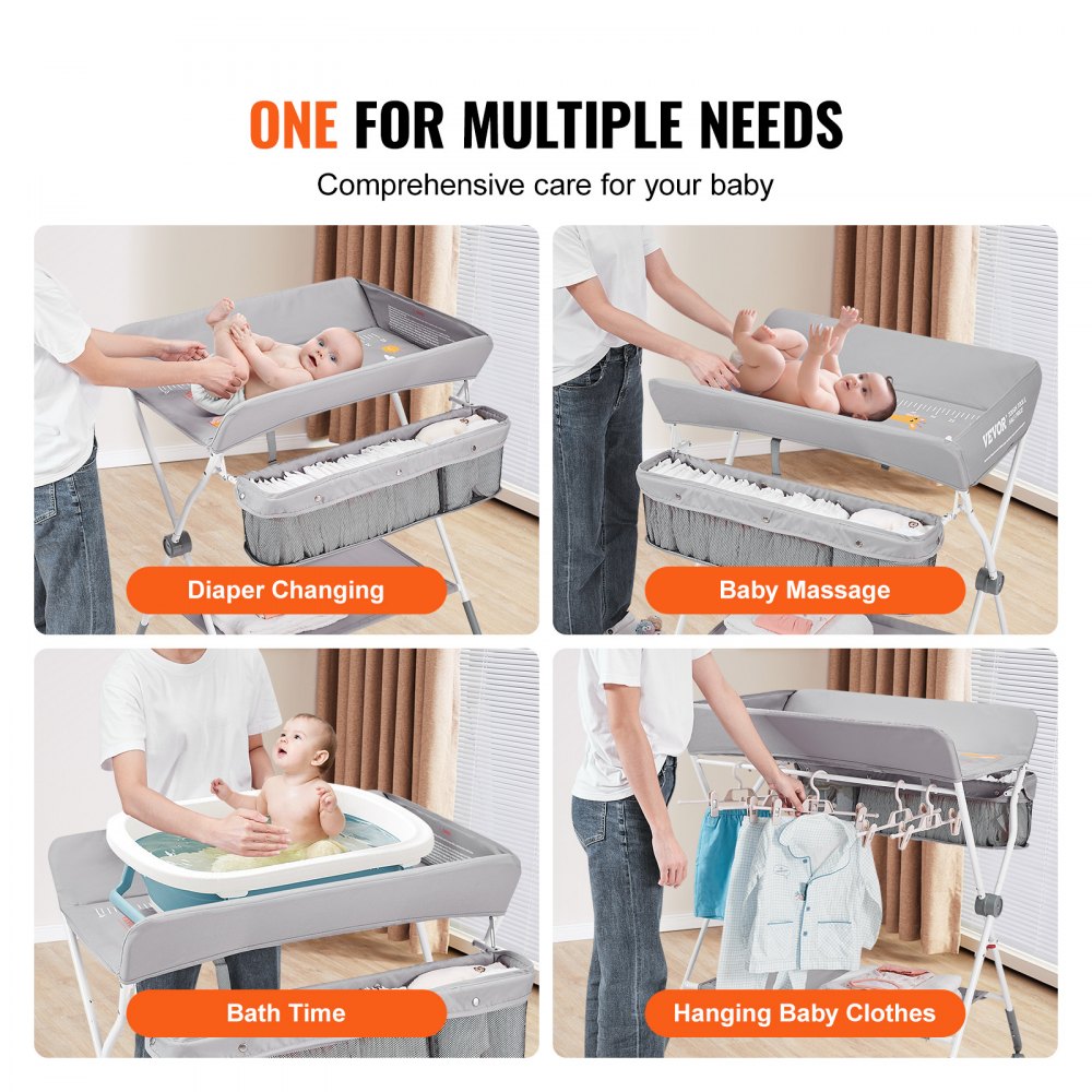 Folding baby changing table with adjustable height, wheels, and spacious storage for essentials.