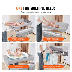 Folding baby changing table with adjustable height, wheels, and spacious storage for essentials.