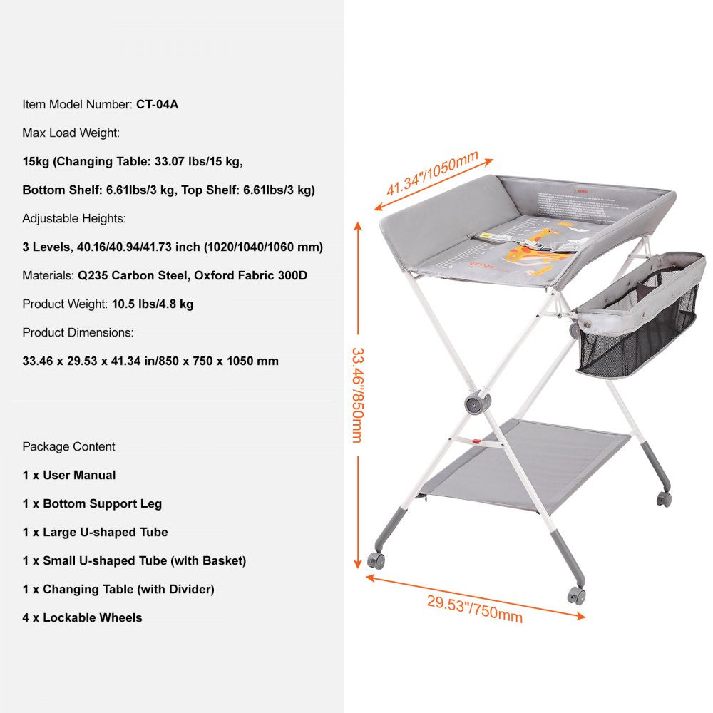 Folding baby changing table with adjustable height, wheels, and spacious storage for essentials.