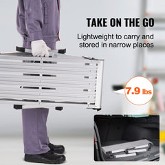 Aluminum folding work platform with a 330 lbs capacity and non-slip surface for stability.