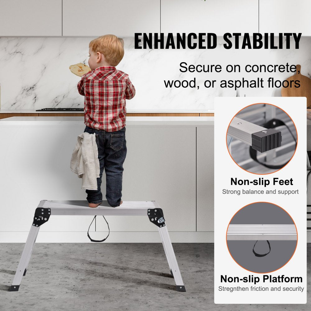 Aluminum folding work platform with a non-slip surface and 330 lbs capacity, 20" height.