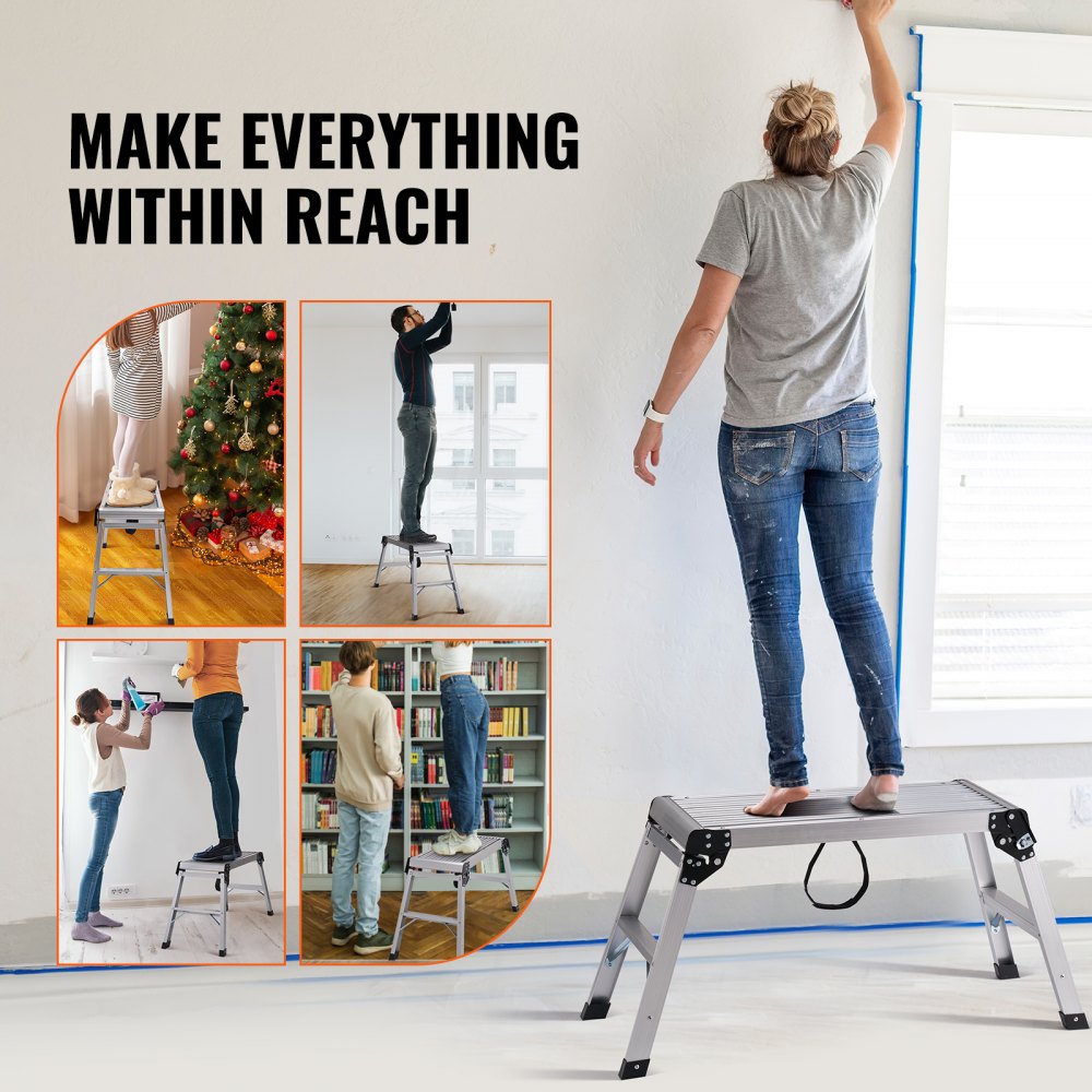 Aluminum folding work platform with non-slip surface, 20" height, and 330 lbs capacity.
