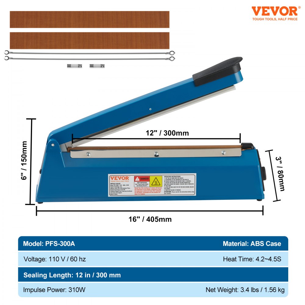 Impulse Sealer 12 inch, Manual Heat Seal Machine with Adjustable Heating Mode, ABS Shrink Wrap Bag Sealers for Plastic Mylar PE PP Bags, Portable Poly Bag Sealing Machine with Extra Replace Kit
