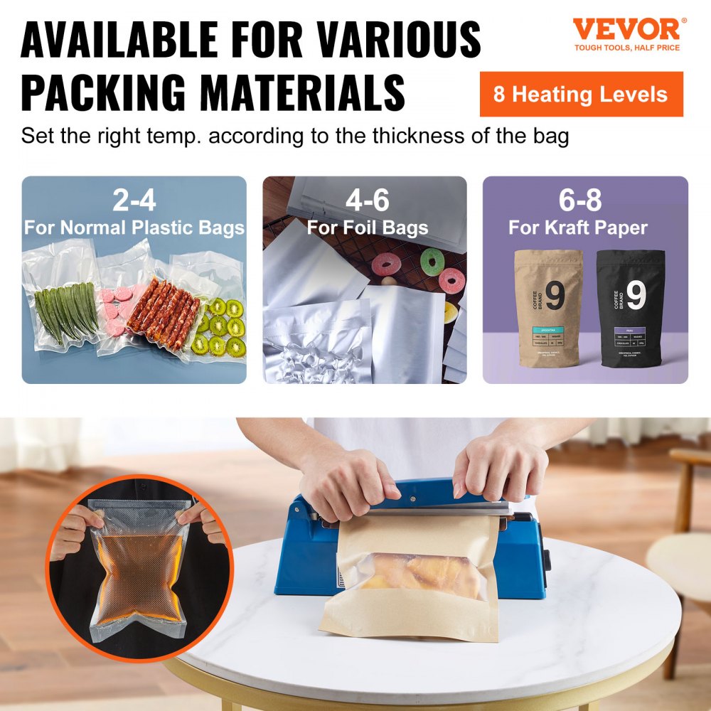 Impulse Sealer 8 inch, Manual Heat Seal Machine with Adjustable Heating Mode, ABS Shrink Wrap Bag Sealers for Plastic Mylar PE PP Bags, Portable Poly Bag Sealing Machine with Extra Replace Kit