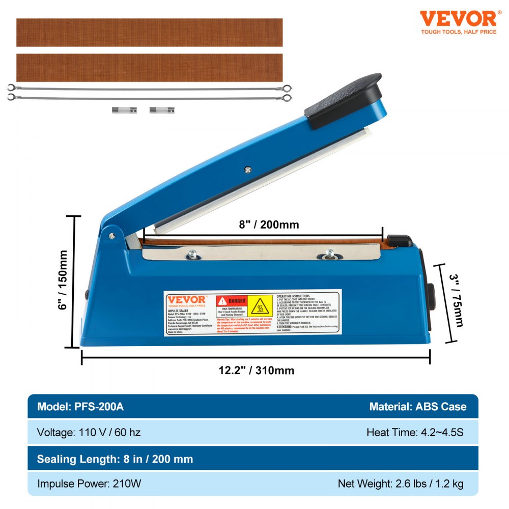 Impulse Sealer 8 inch, Manual Heat Seal Machine with Adjustable Heating Mode, ABS Shrink Wrap Bag Sealers for Plastic Mylar PE PP Bags, Portable Poly Bag Sealing Machine with Extra Replace Kit