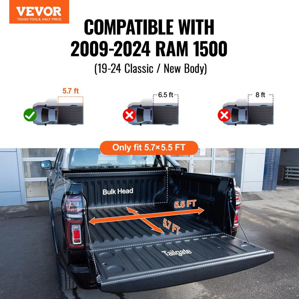 Tri-Fold Truck Bed Tonneau Cover, Compatible with 2009-2024 Ram 1500 (19-24 Classic/New Body), Fleetside 5.7` (67.4") Bed Without Rambox, Fit 5.7` x 5.5` Inside Bed, 400 lbs Load Capacity, Black