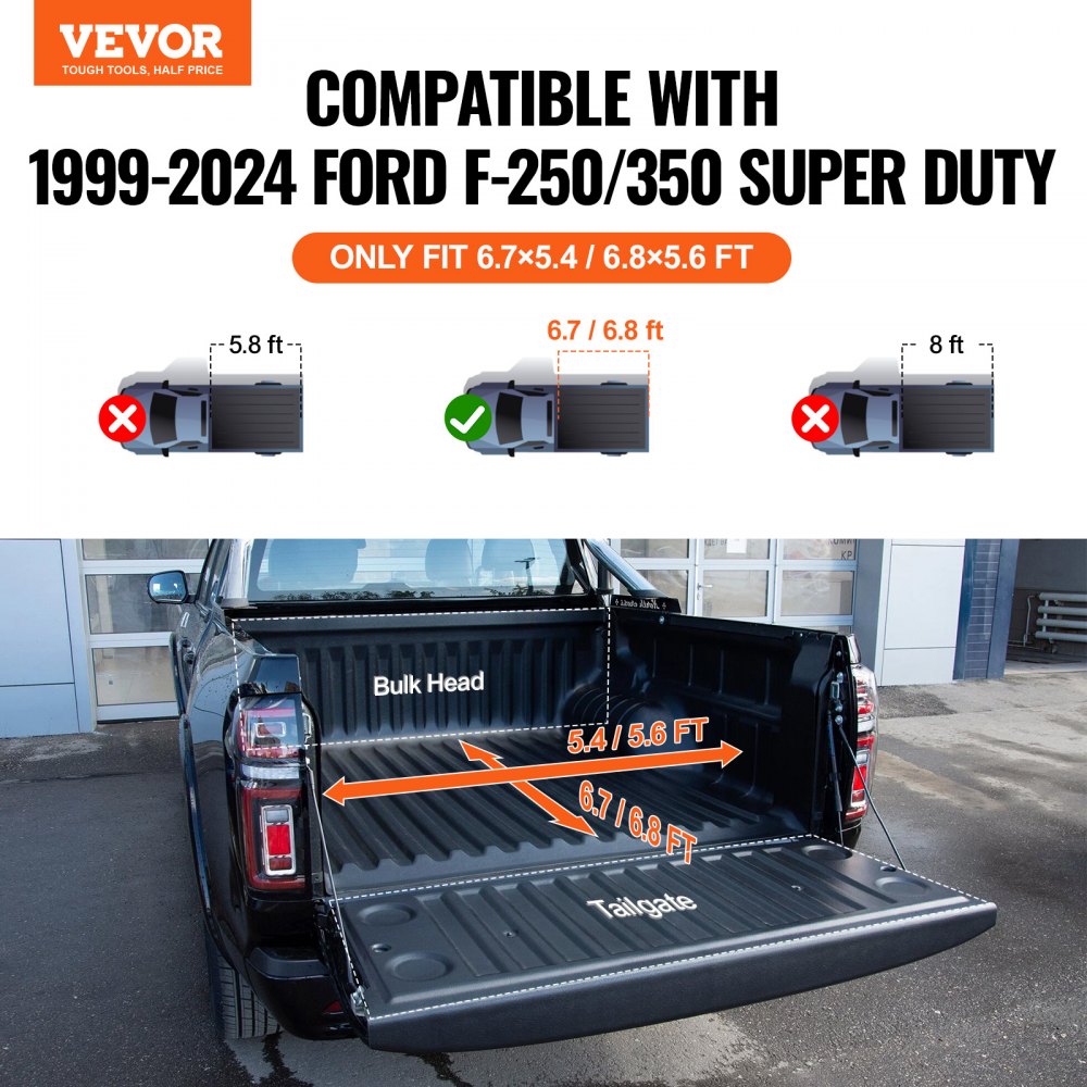Tri-Fold Truck Bed Tonneau Cover, Compatible with 1999-2024 Ford F-250 F-350 Super Duty, Styleside 6.75` (81", 82") Bed, Fit 6.7` x 5.4`/6.8` x 5.6` Inside Bed, 400 lbs Load Capacity, Black
