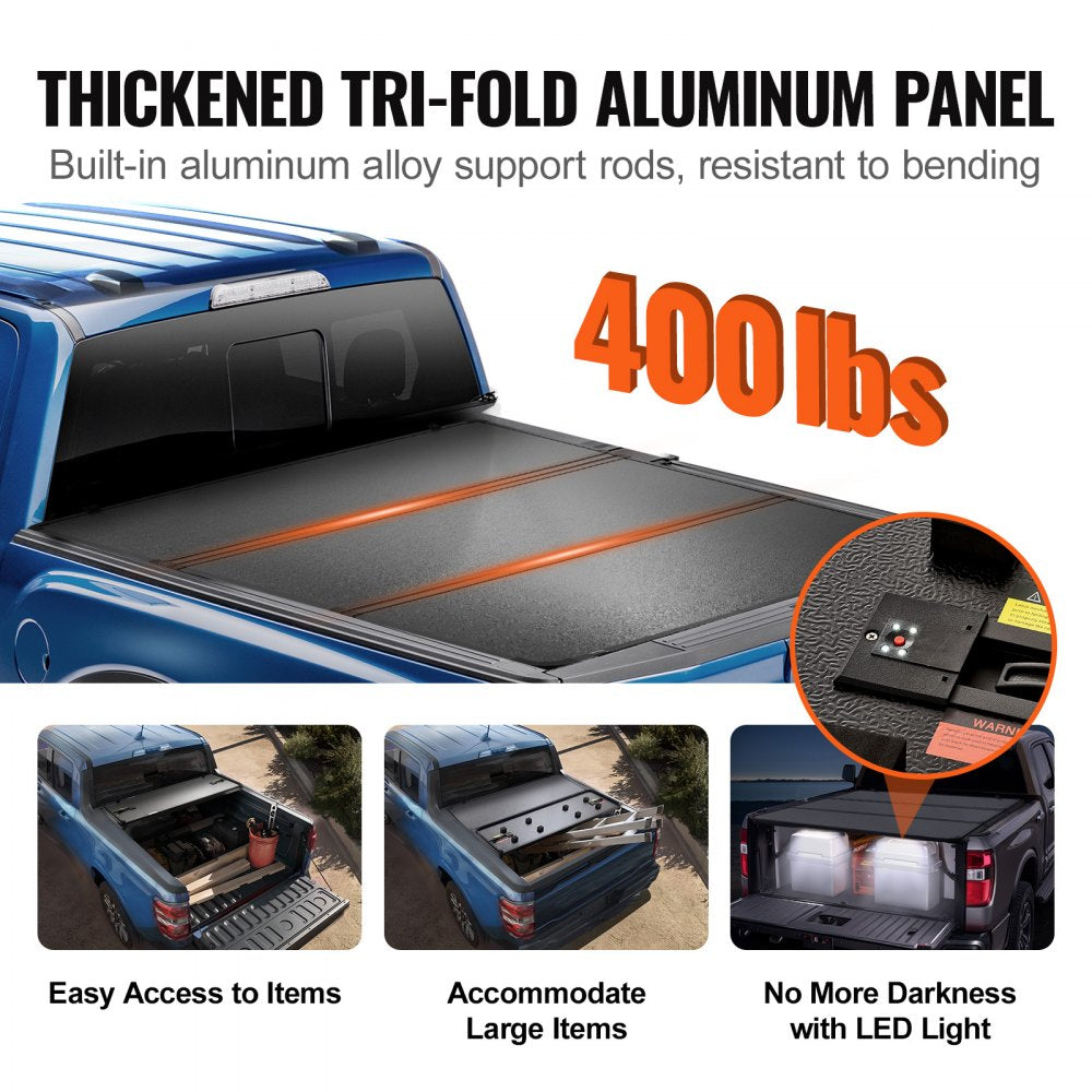 Tri-Fold Truck Bed Tonneau Cover, Compatible with 2015-2024 Ford F-150, 6.5` (79") Bed, Only Fit 6.5` x 5.4` (79" x 65.2") Inside Bed, 400 lbs Load Capacity, LED Light, Quick Folding, Black