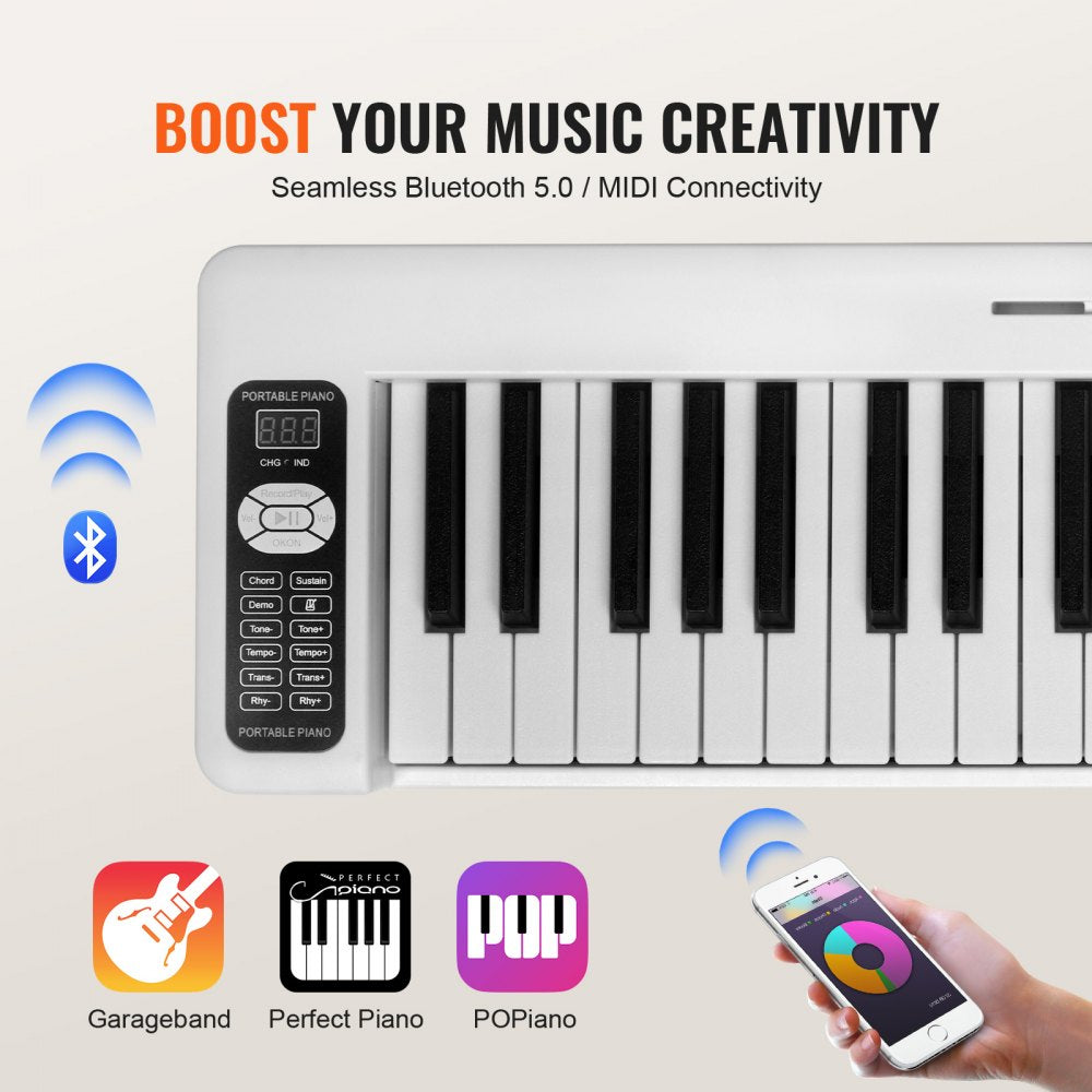 61 Key Folding Keyboard Piano Portable Foldable Piano Bluetooth MIDI White