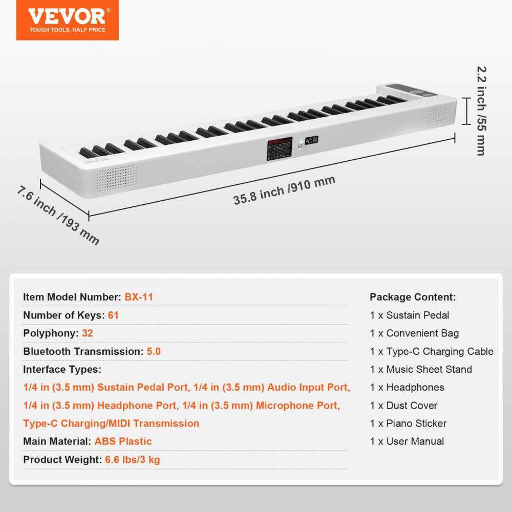 61 Key Folding Keyboard Piano Portable Foldable Piano Bluetooth MIDI White