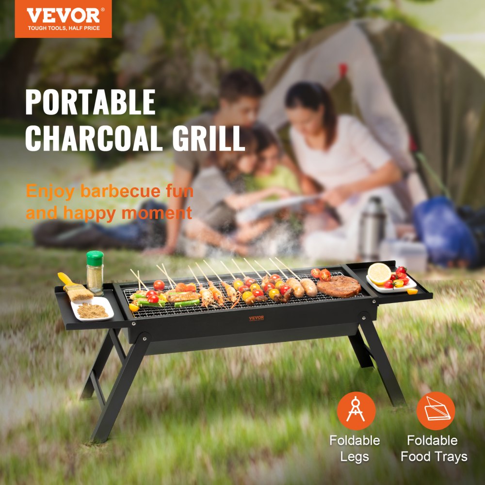 23 inch Portable Charcoal Grill, Compact Foldable Grill, Heavy Duty Steel BBQ Grill, Mini Smoker for Travel, Outdoor Cooking, Barbecue Camping, Picnic, Patio Black