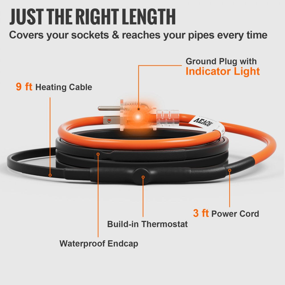 Bostome 9FT self-regulating pipe heating cable with built-in thermostat and waterproof design.