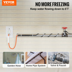 12ft self-regulating pipe heating cable with thermostat, orange cord connected to outlet and coiled around pipe.