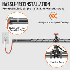 Diagram of 12ft self-regulating pipe heating cable installation: pre-assembled with thermostat, shown spiraling around pipe, fixed with heat-sensitive tape, connected to outlet and valve.
