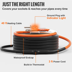 Bostome 40FT self-regulating pipe heating cable with built-in thermostat and waterproof design.