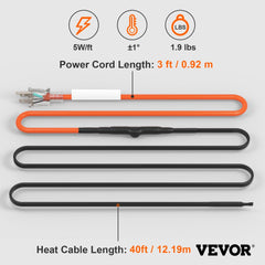 40FT self-regulating pipe heating cable with built-in thermostat for freeze protection.