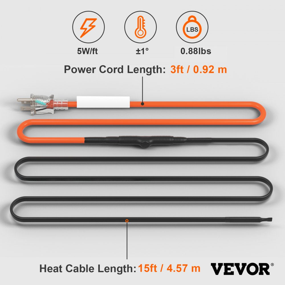 Bostome 15FT self-regulating pipe heating cable with waterproof design and built-in thermostat.