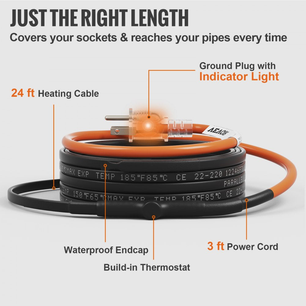 Bostome 24ft self-regulating pipe heating cable with built-in thermostat and indicator light.
