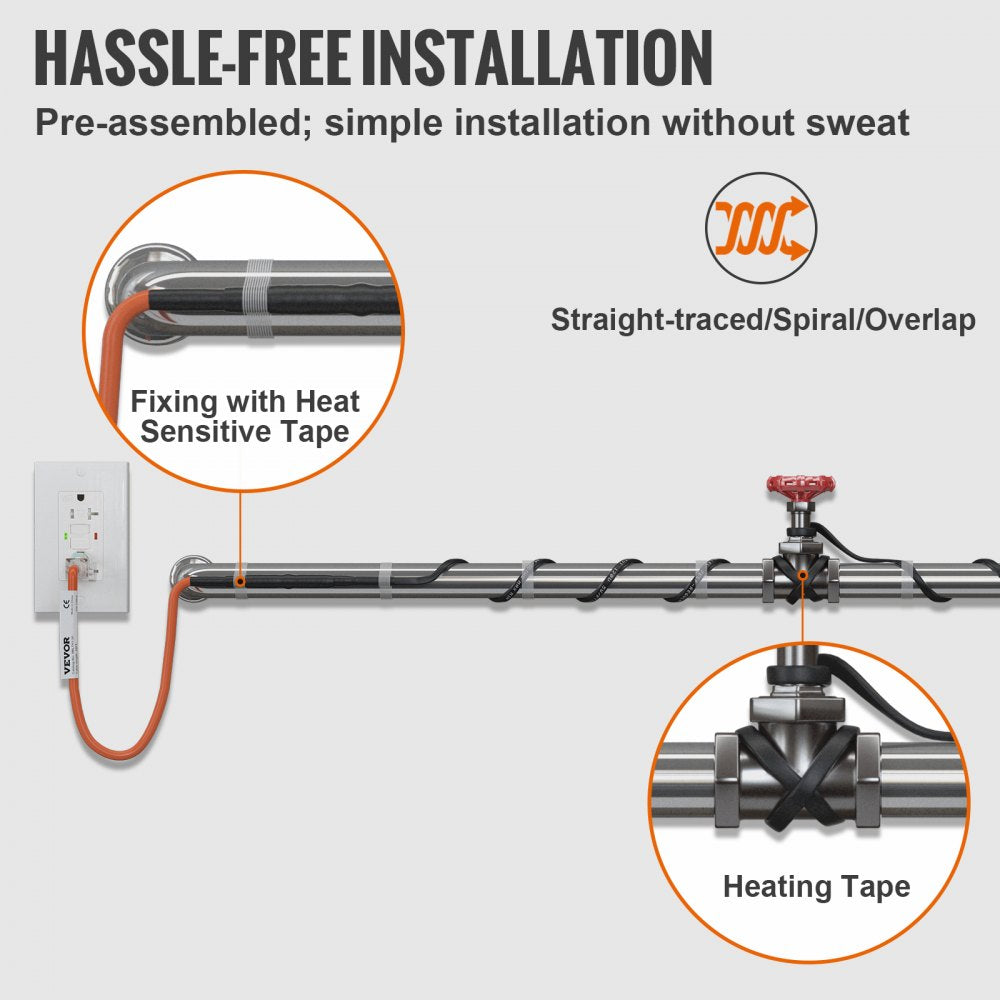 Bostome 24ft self-regulating pipe heating cable with built-in thermostat and indicator light.