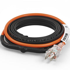 18ft orange self-regulating pipe heating cable with black insulation and grounded plug.