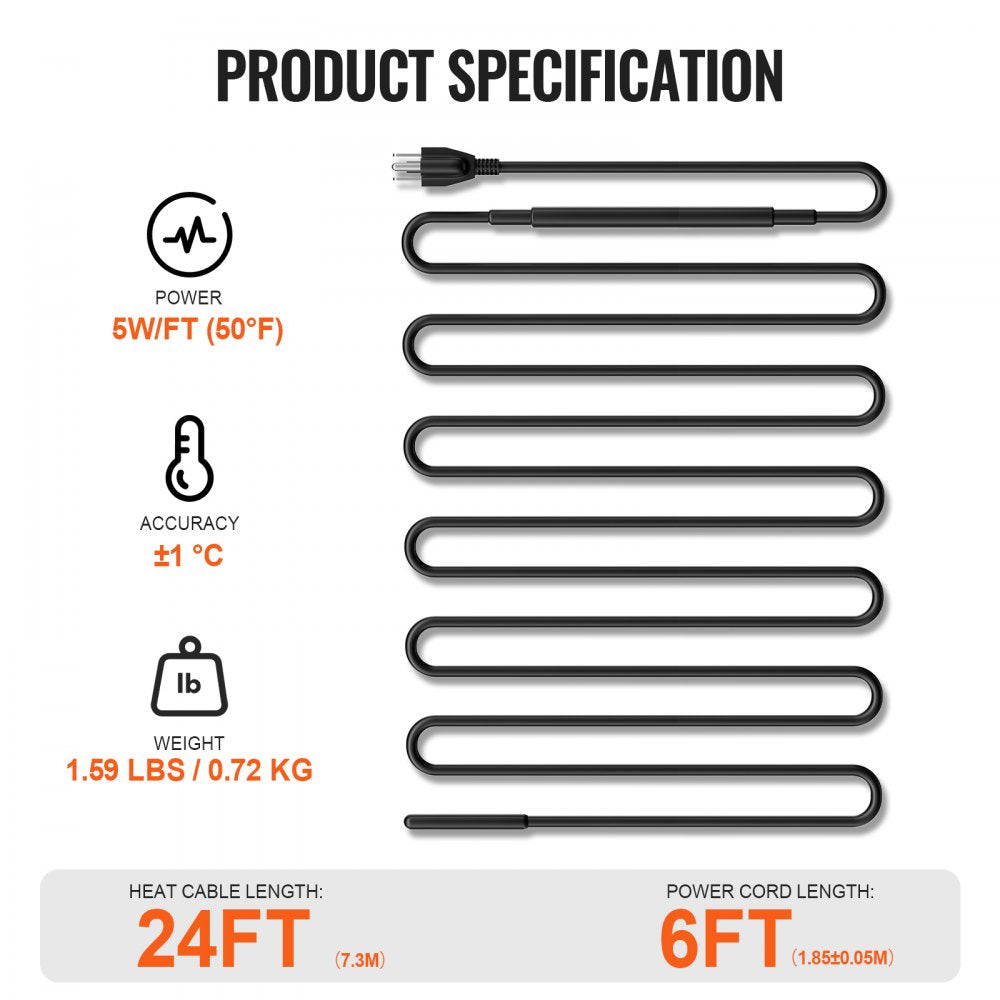 24ft self-regulating pipe heating cable with 5W/ft power, 1°C accuracy, 0.72kg weight, and 6ft cord.