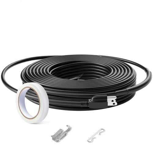A coiled black heating cable with a three-prong plug, a roll of white tape, and two metal clips.
