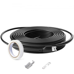 A coiled black heating cable with a three-prong plug, a roll of white tape, and two metal clips.