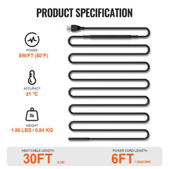 Diagram of Bostome 30FT self-regulating pipe heating cable specs: 5W/FT power, ±1°C accuracy, 0.84kg weight, 30ft cable, 6ft cord.
