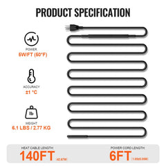 Bostome self-regulating pipe heating cable, 140FT length with a 6FT power cord.