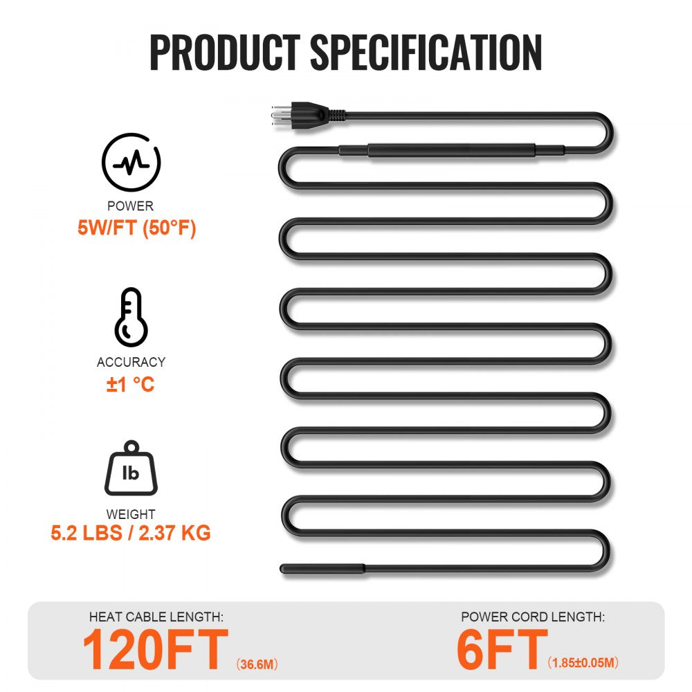 Bostome 120FT self-regulating pipe heating cable with a 6FT power cord for easy installation.