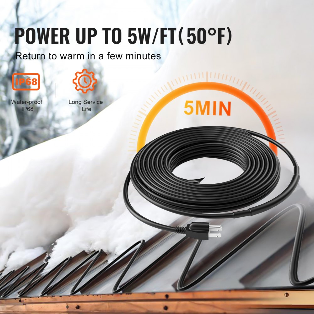 Bostome self-regulating pipe heating cable, 12FT length with a 6FT power cord for winter protection.